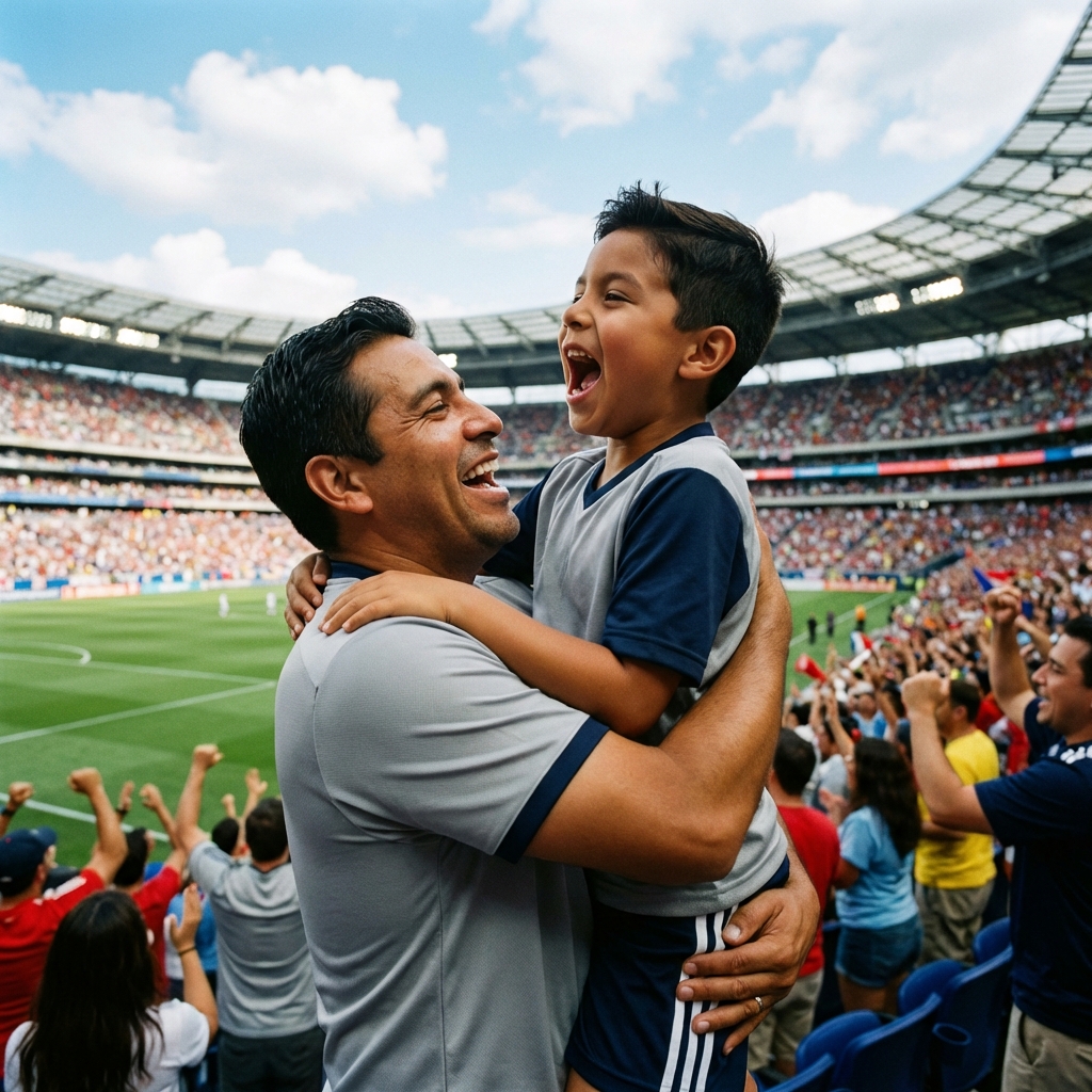 Padre e hijo celebrando un gol en estadio del Mundial 2026